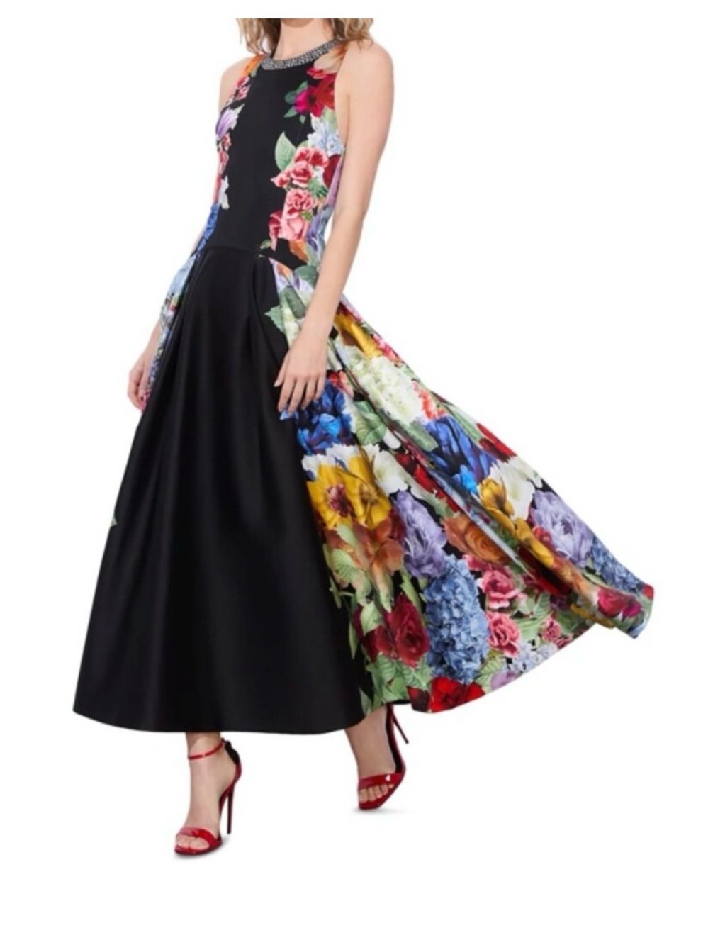 Alice + Olivia Black Maxi Dress with Multicolor Floral Panels